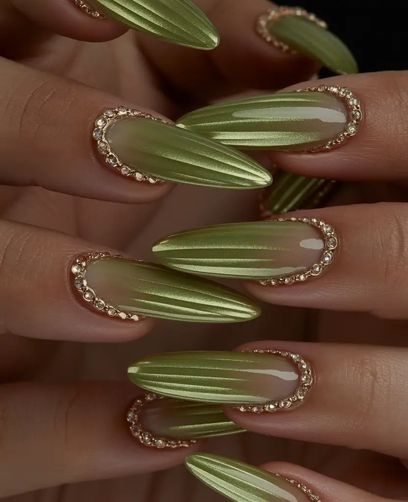 long fall nails trends 2025 Olive Chrome with Rhinestone Frames