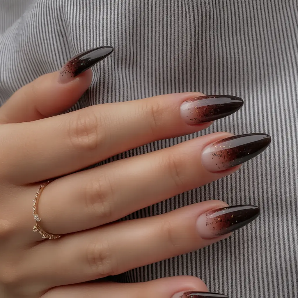 long fall nails trends 2025 Smoky Brown Glitter Ombre