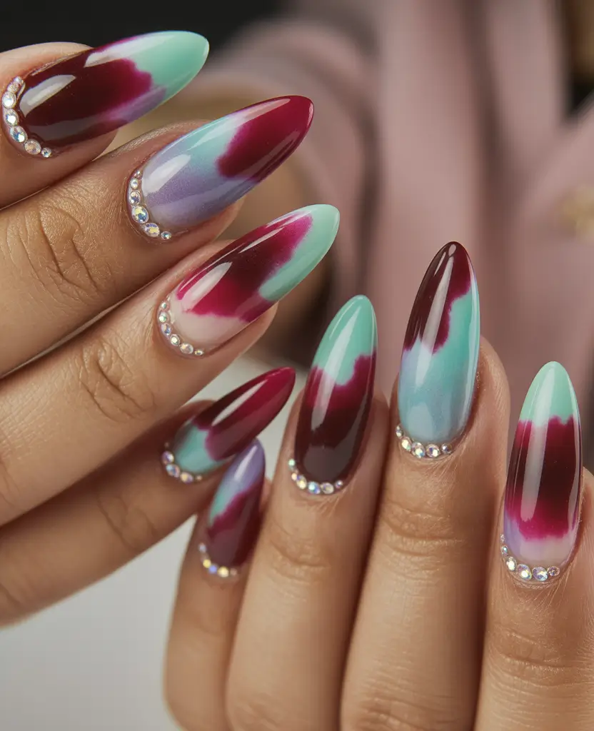 long fall nails trends 2025 Color-Blocked Burgundy and Teal with Rhinestone Accents