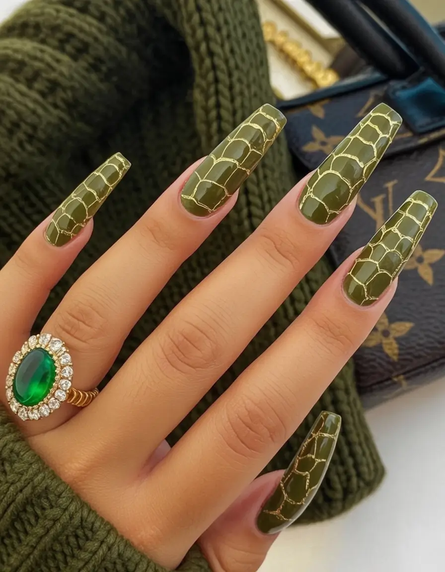 long fall nails trends 2025 Crocodile Green Textured Acrylics