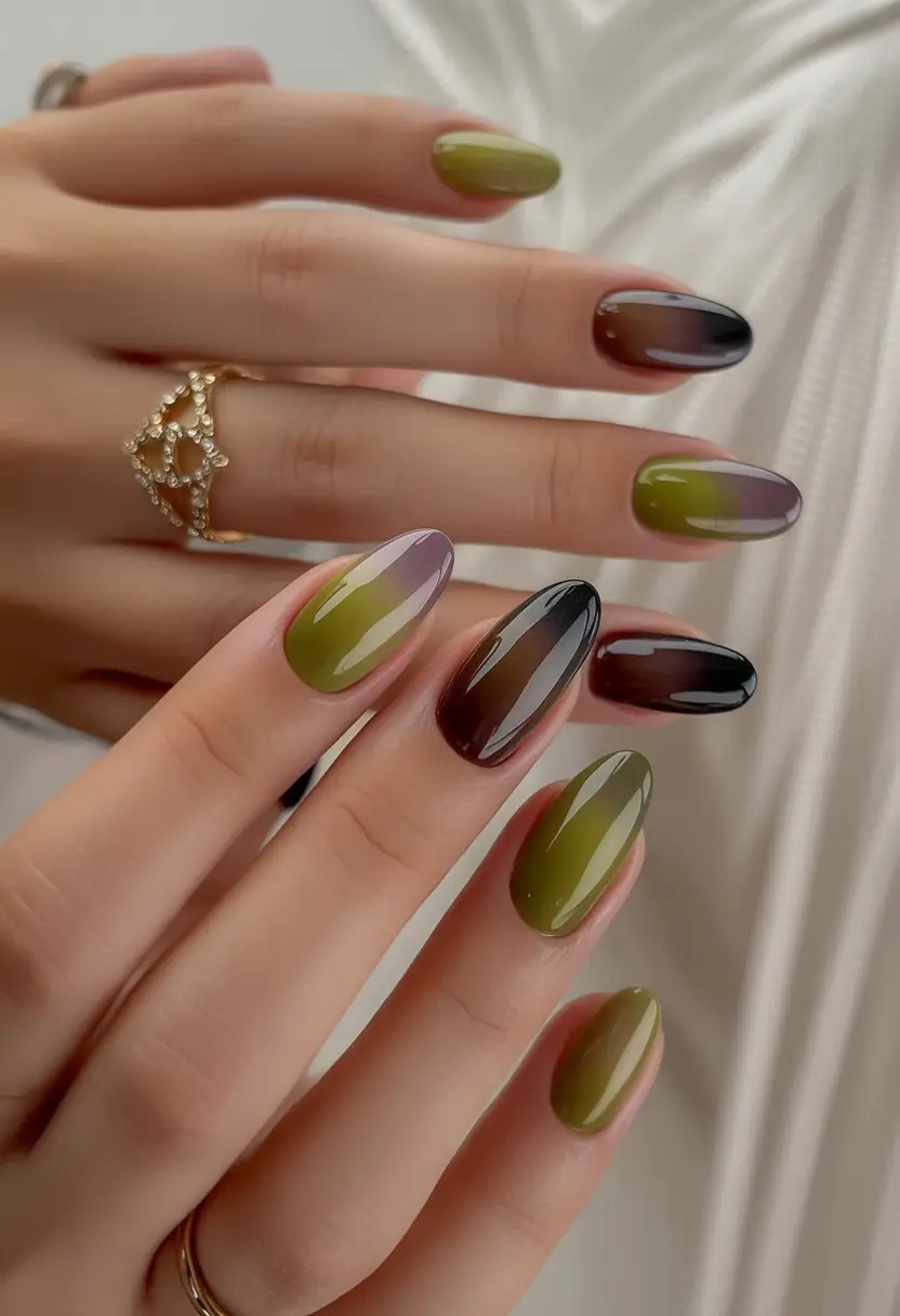 long fall nails trends 2025 Gradient Olive to Black