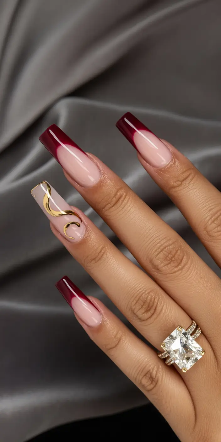 long fall nails trends 2025 Wine Red Elegance with Gold Accent