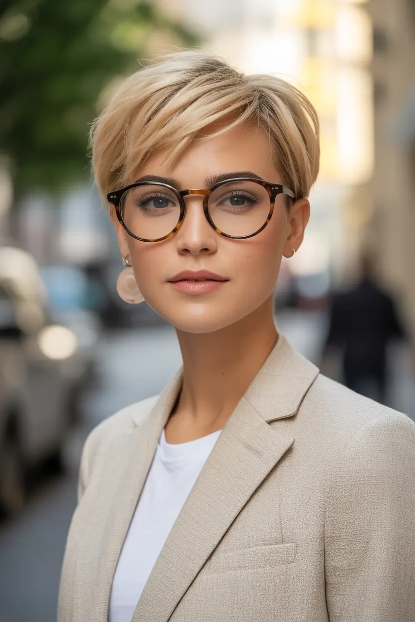 Must-Try Short Haircuts for Fall 2025 Textured Blonde Pixie with Tortoise Shell Glasses