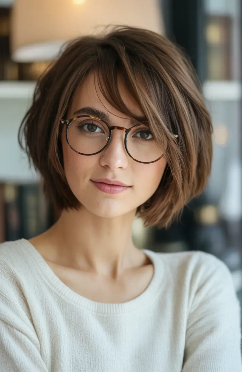 Must-Try Short Haircuts for Fall 2025 Soft Brunette Bob with Side-Swept Bangs