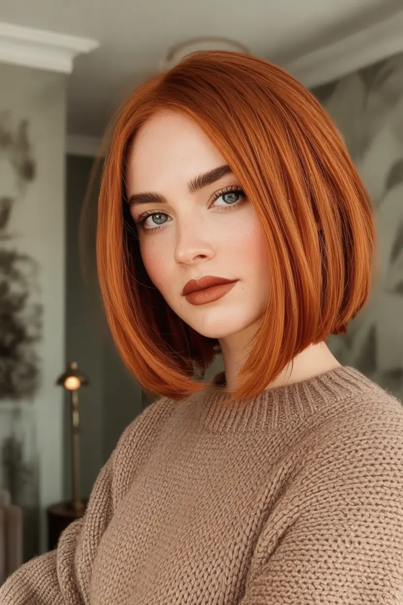 Must-Try Short Haircuts for Fall 2025 Blunt Copper Bob with Precision Shine