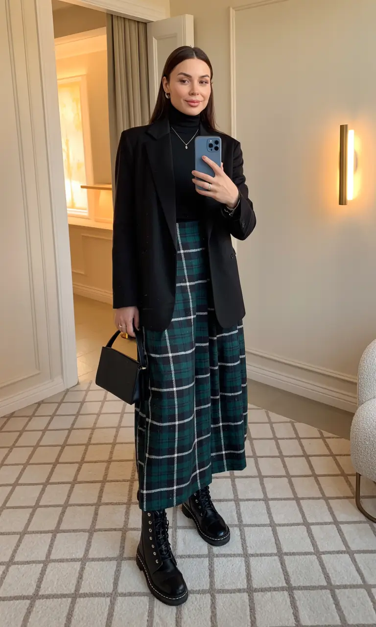 new fall fashion clothes 2025 Green Plaid with Tailored Black