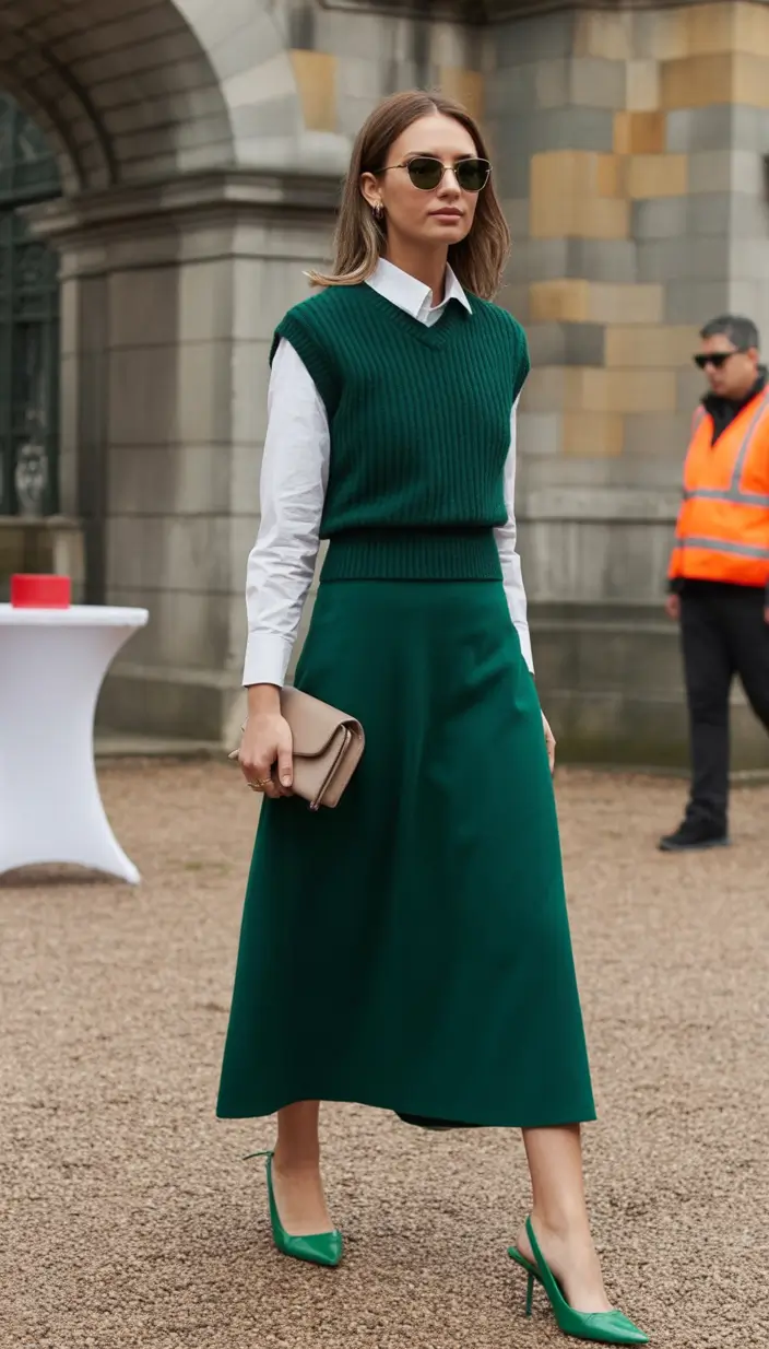 Office-ready fall outfits ideas for work in 2025 Preppy Layered Green with White