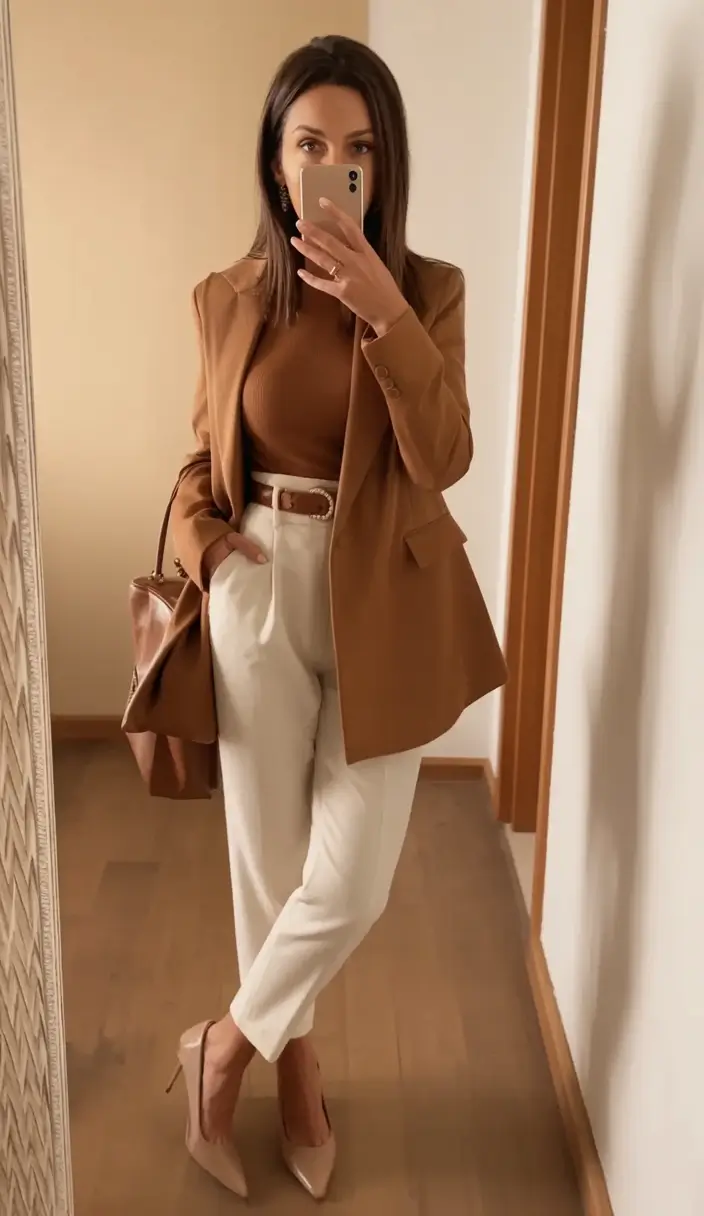 Office-ready fall outfits ideas for work in 2025 Cinnamon Blazer with Cream Trousers
