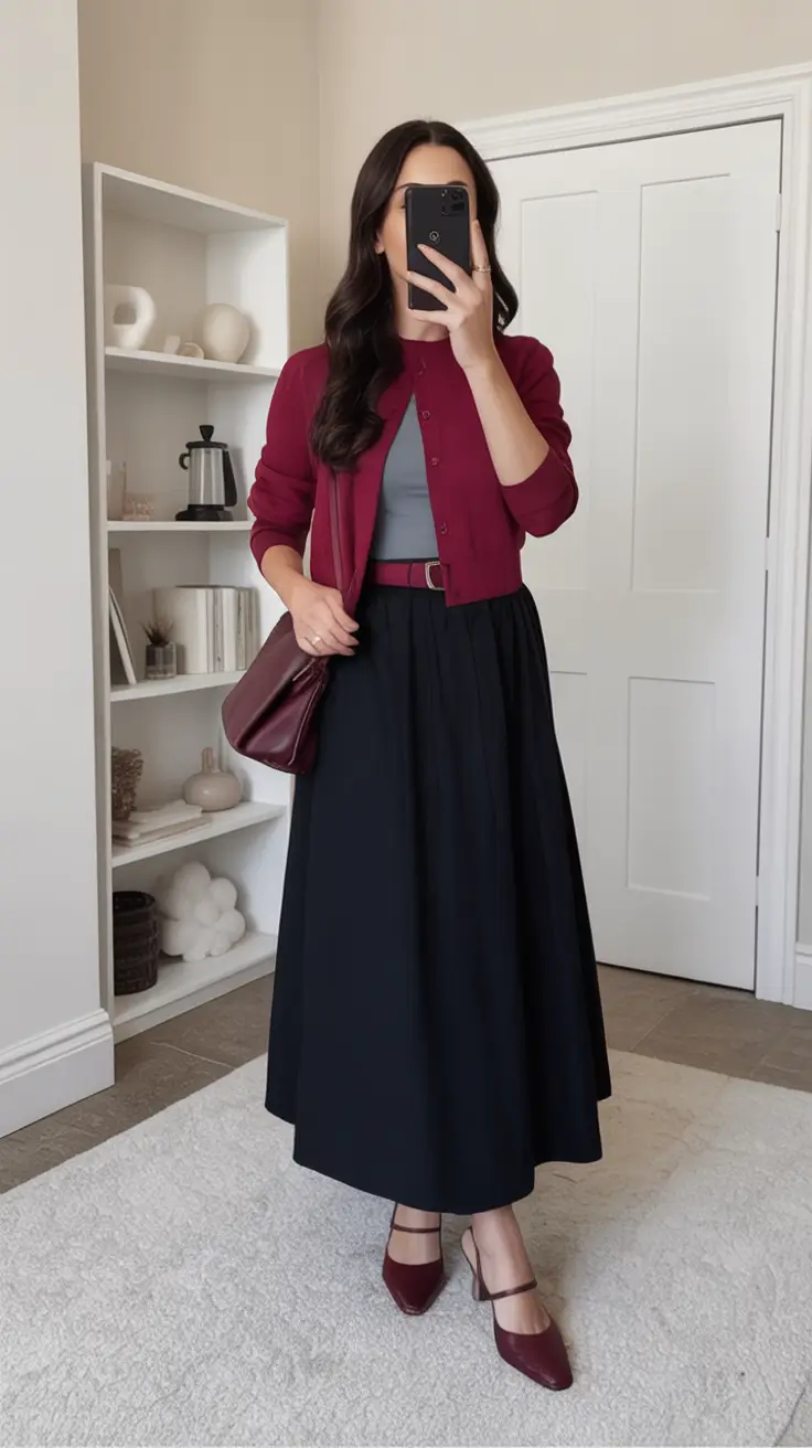 Office-ready fall outfits ideas for work in 2025 Skirted Elegance in Mulberry and Charcoal