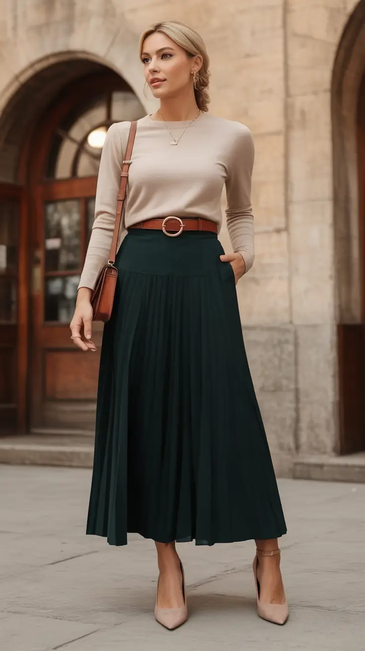 Office-ready fall outfits ideas for work in 2025 Neutral Knits and Pleated Skirts