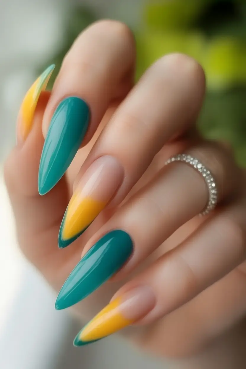 September 2025 Nail Colors Shades Teal and Golden Almond Fade