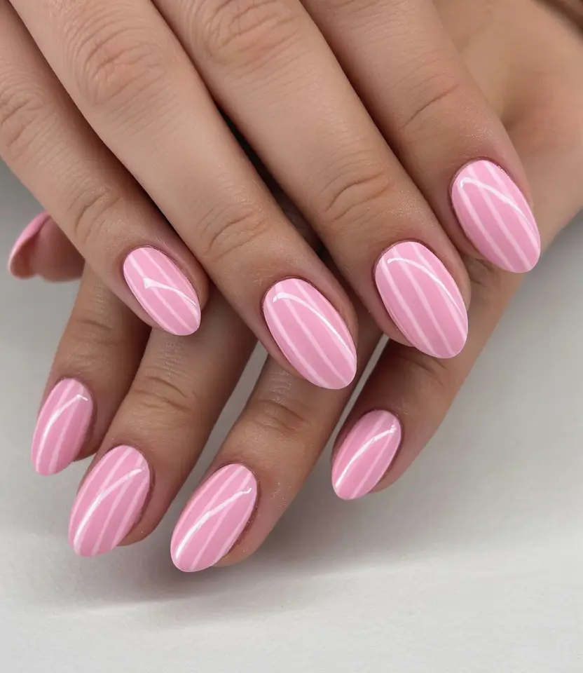 September 2025 Nail Colors Shades Candy Pink with Diagonal Gloss Stripes