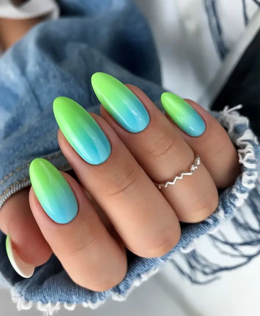 September 2025 Nail Colors Shades Lime-to-Aqua Neon Ombre