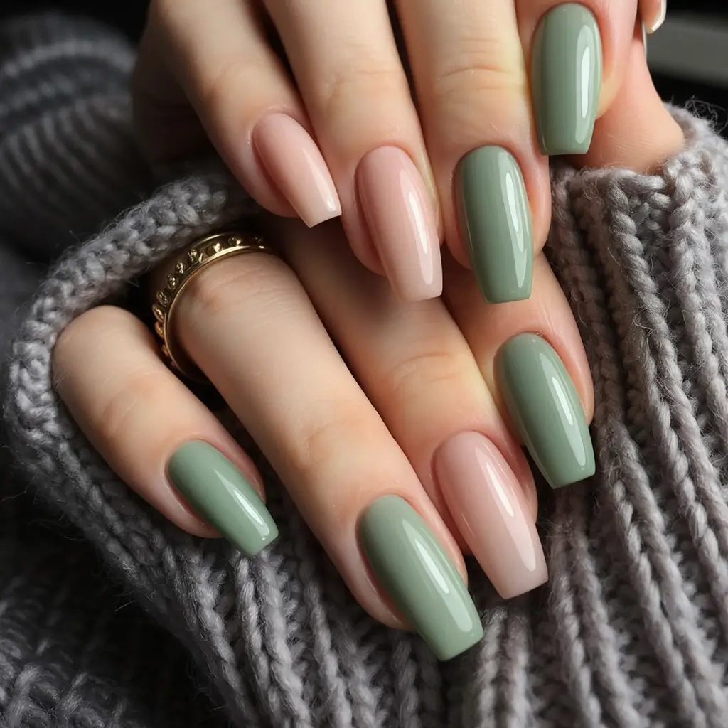 September 2025 Nail Colors Shades Moss Green and Nude Minimalist Block