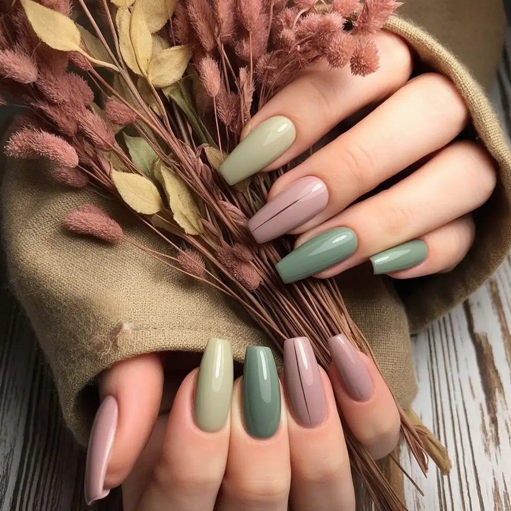 September 2025 Nail Colors Shades Muted Fall Mix with Minimalist Lines