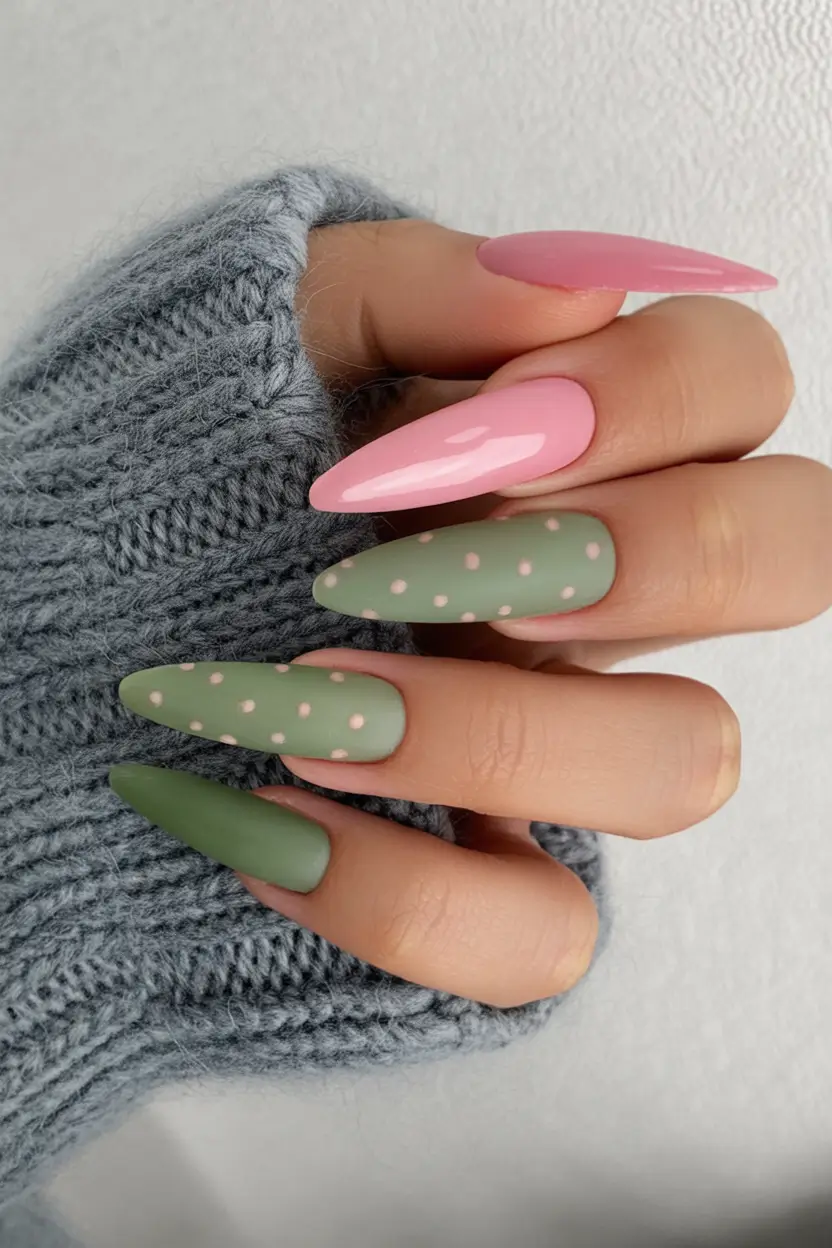 September 2025 Nail Colors Shades Matte Sage with Pink Accents