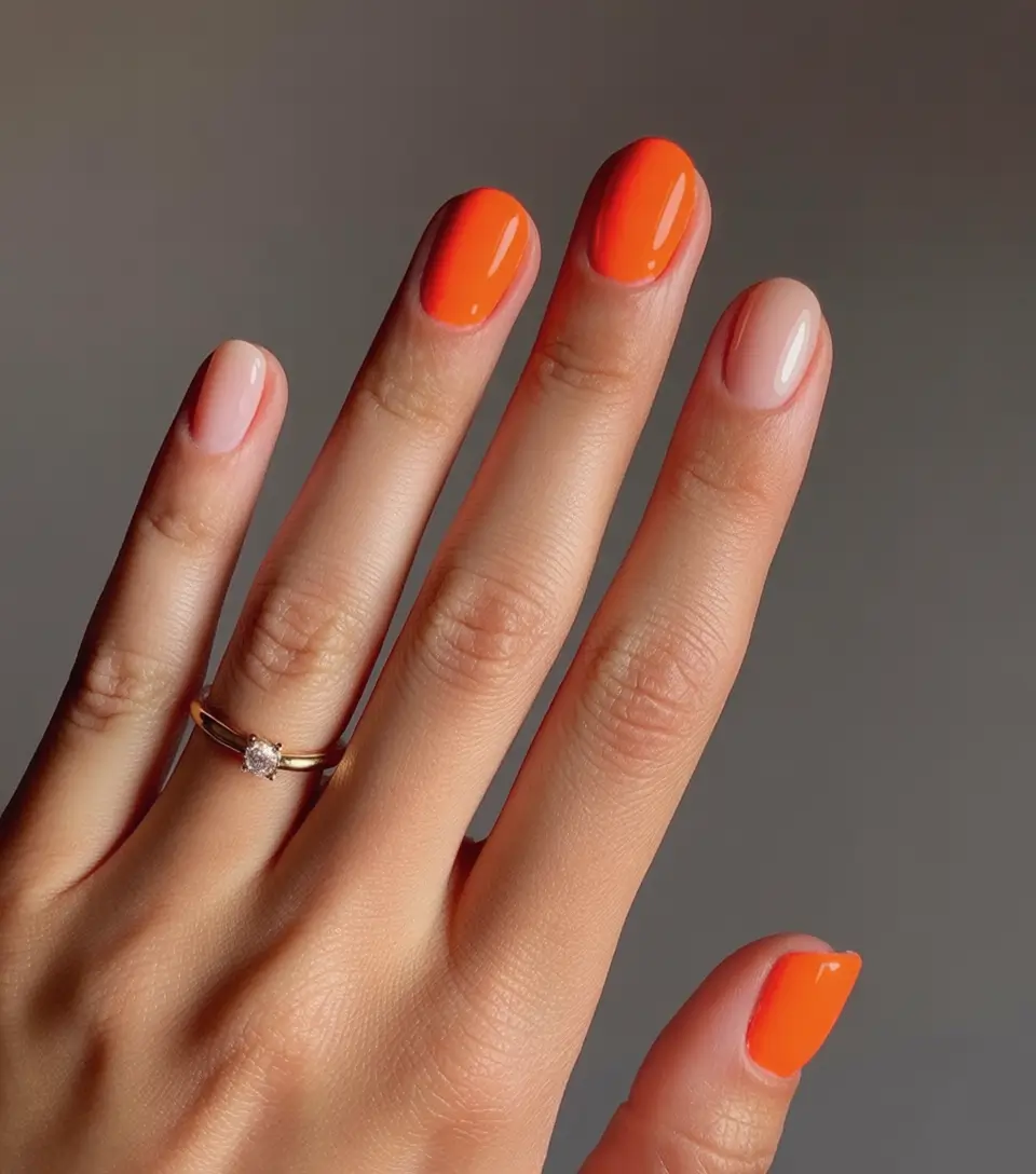 short fall nails trends 2025 nude orange contrast