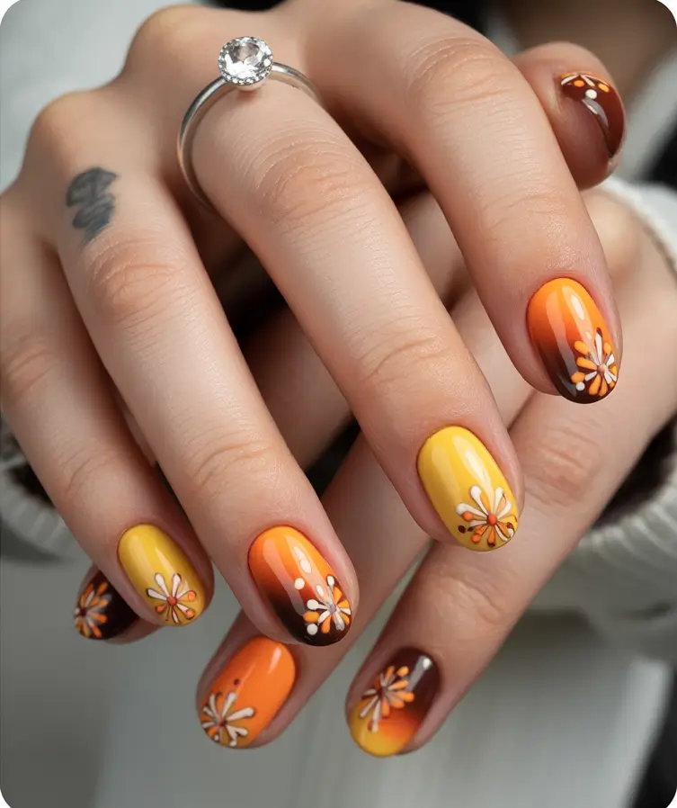 short fall nails trends 2025 golden floral
