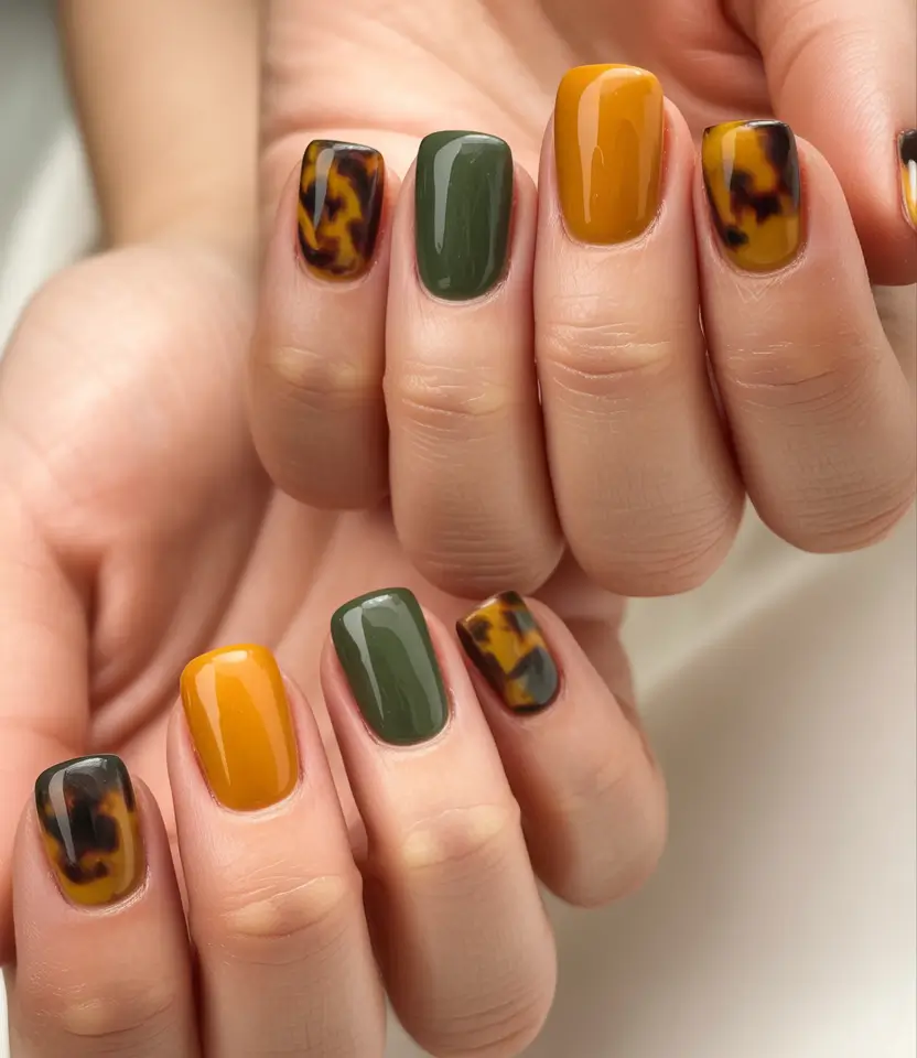 short fall nails trends 2025 Mustard Olive Tortoiseshell