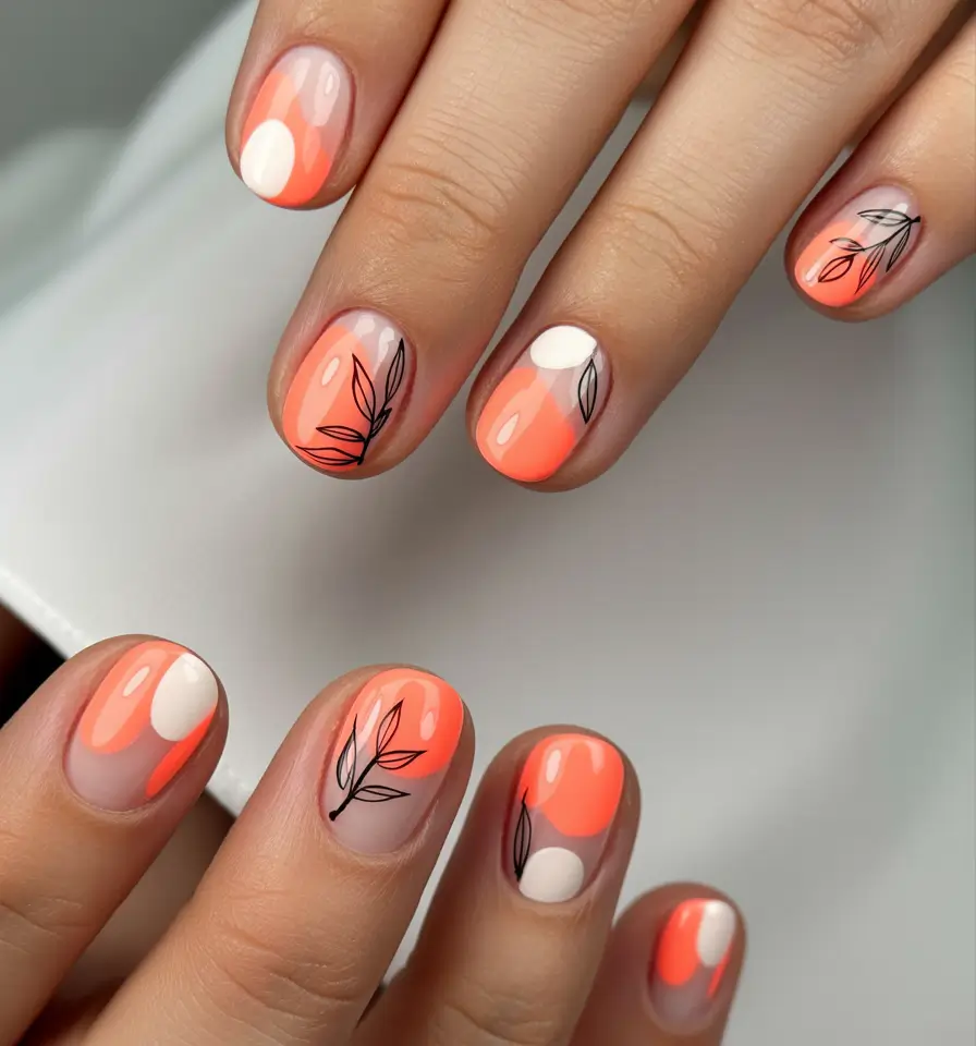 short fall nails trends 2025 Coral Glow with Leaf Accents