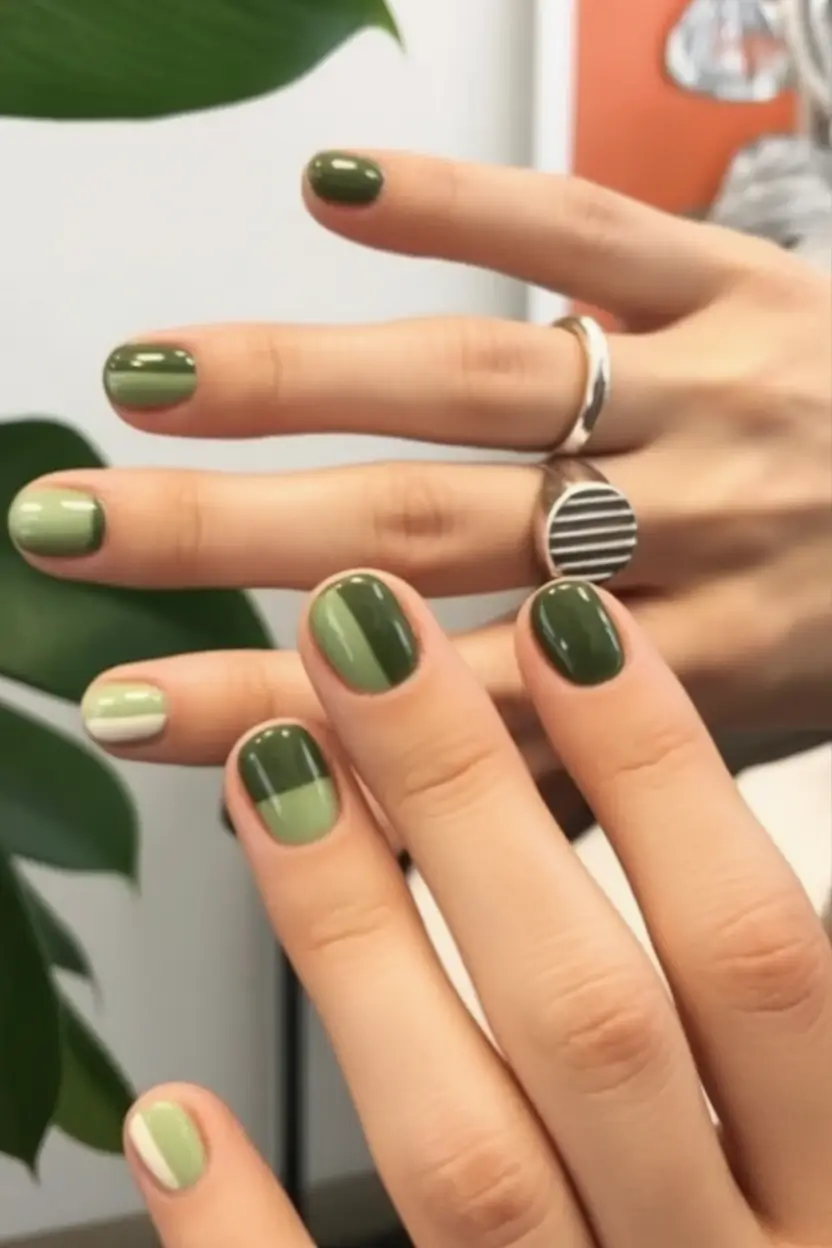 short fall nails trends 2025 Two-Tone Green Harmony