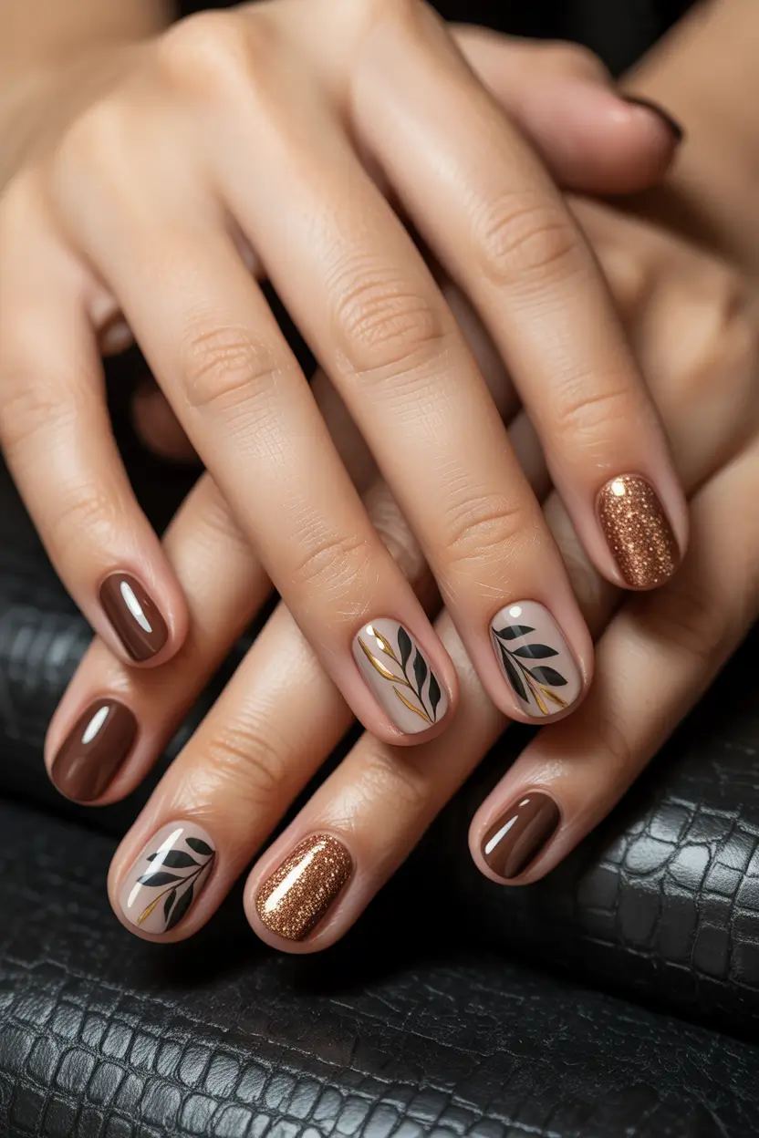 short fall nails trends 2025 Bronze Brown Leaf Elegance