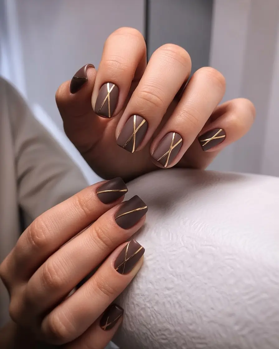 Stylish Brown Fall Nails 2025 – Matte Brown with Golden Lines