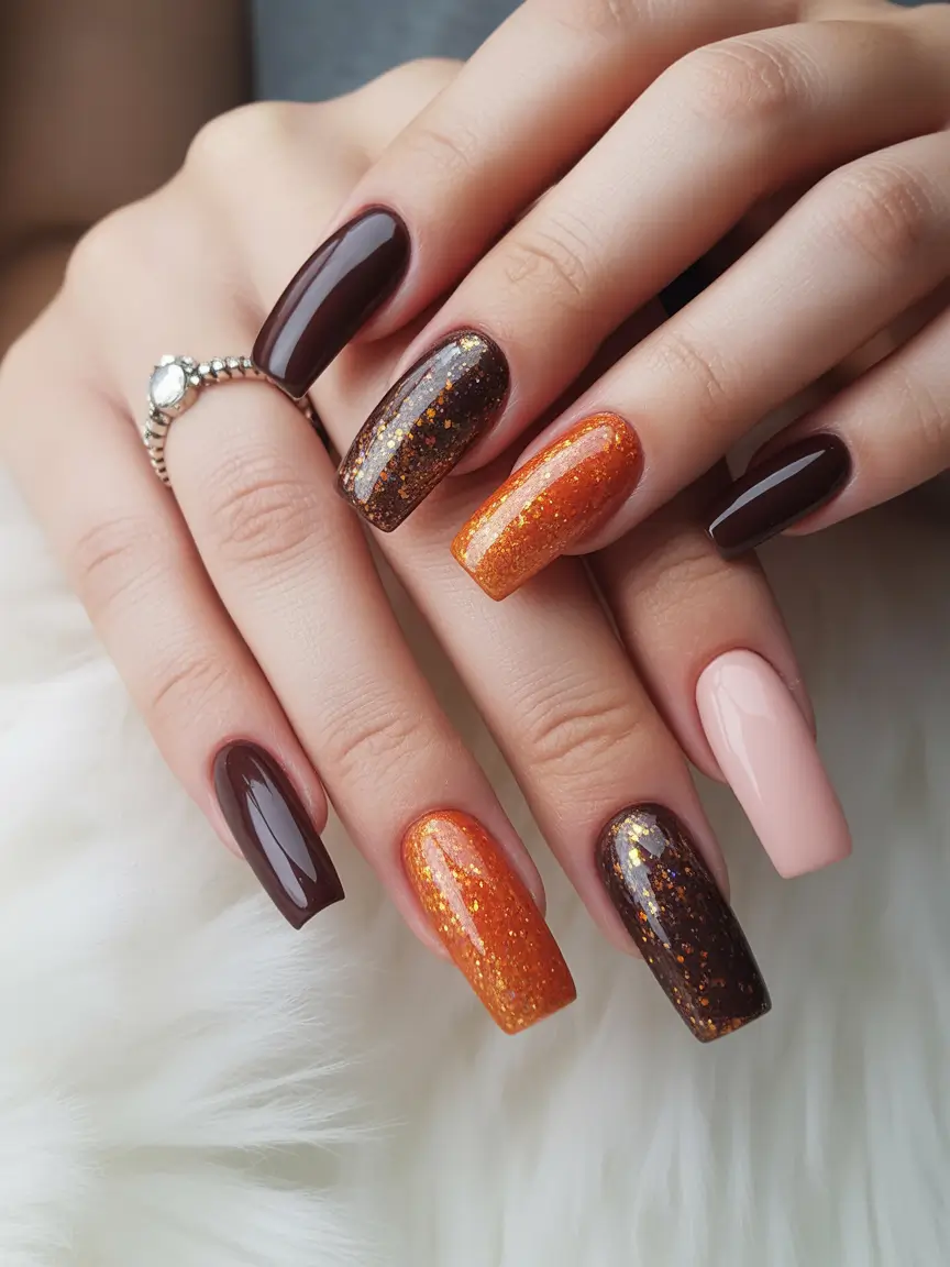 Stylish Brown Fall Nails 2025 – Autumn Sparkle Coffin Nails