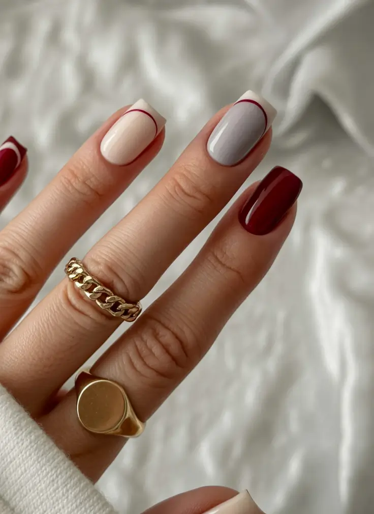 Trendy Fall Green Nail Designs 2025 Minimalist Red and Neutral Mix