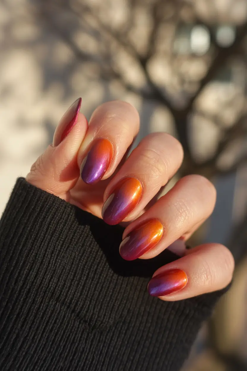 Trendy Fall Green Nail Designs 2025 Sunset Chrome Gradient