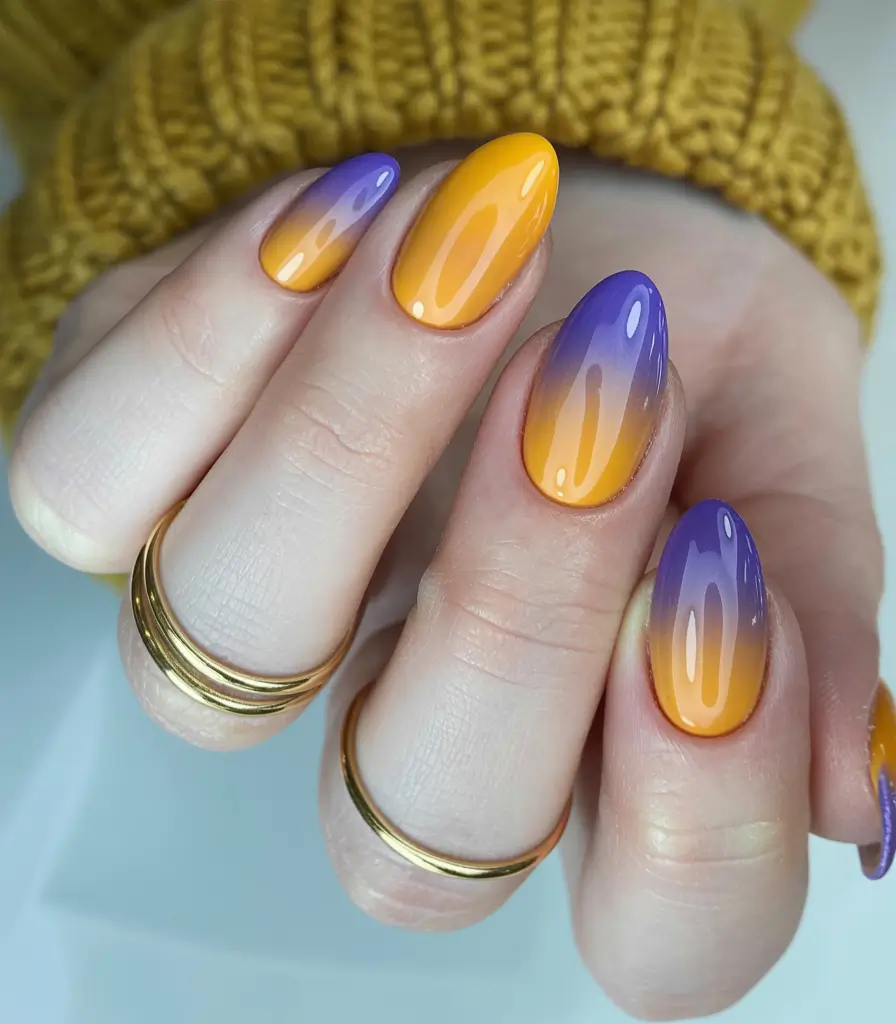 Trendy Fall Green Nail Designs 2025 Purple and Yellow Ombre Glow