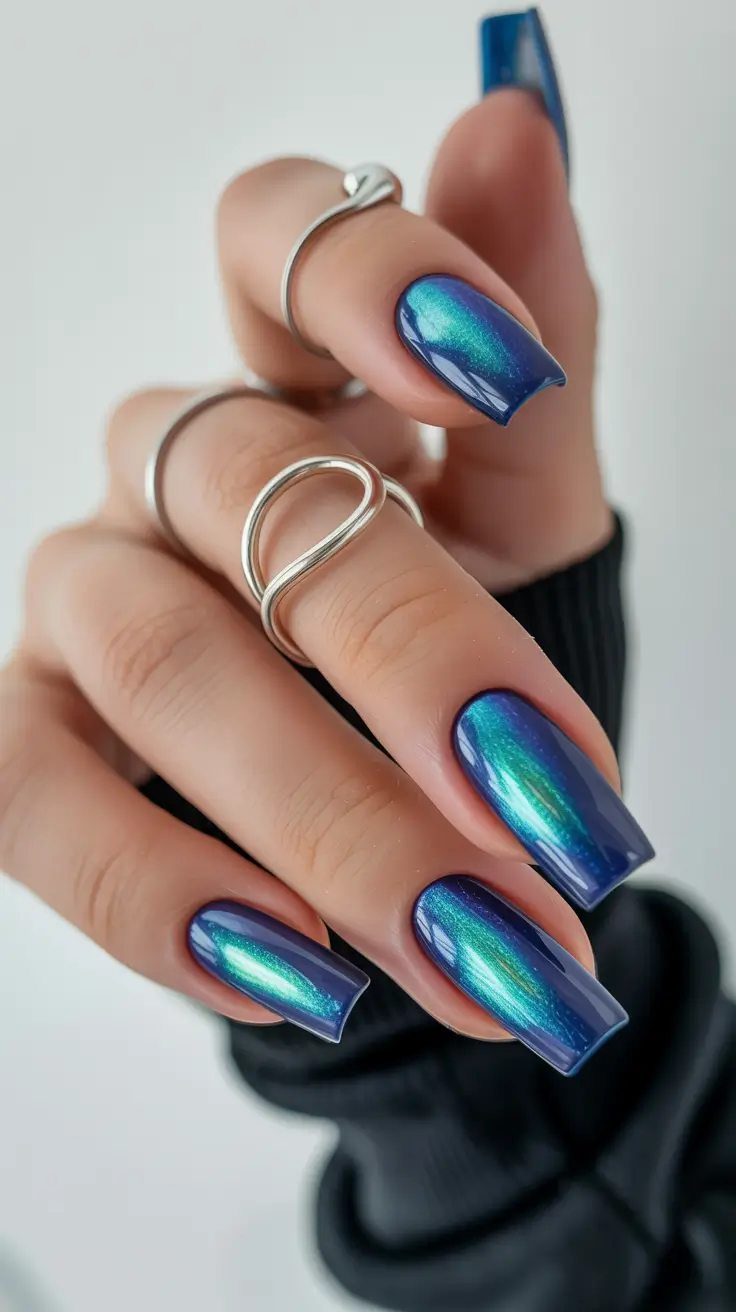 Trendy Fall Green Nail Designs 2025 Metallic Blue Green Square