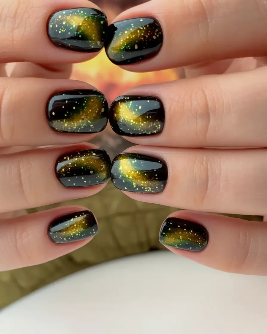 Stylish Fall 2025 Manicure Ideas Galaxy Gold Sparkle