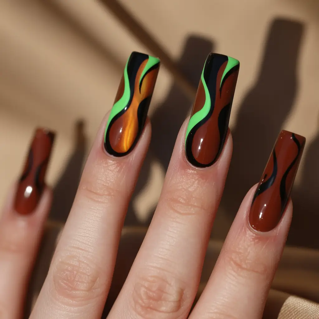 Stylish Fall 2025 Manicure Ideas Autumn Flames with Neon Edge