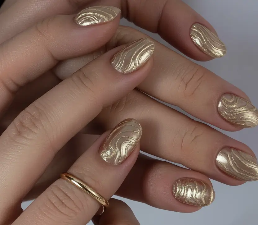 Stylish Fall 2025 Manicure Ideas Molten Gold Texture