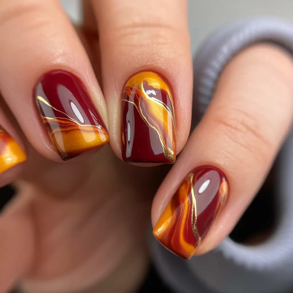 Stylish Fall 2025 Manicure Ideas Golden Swirl Drama