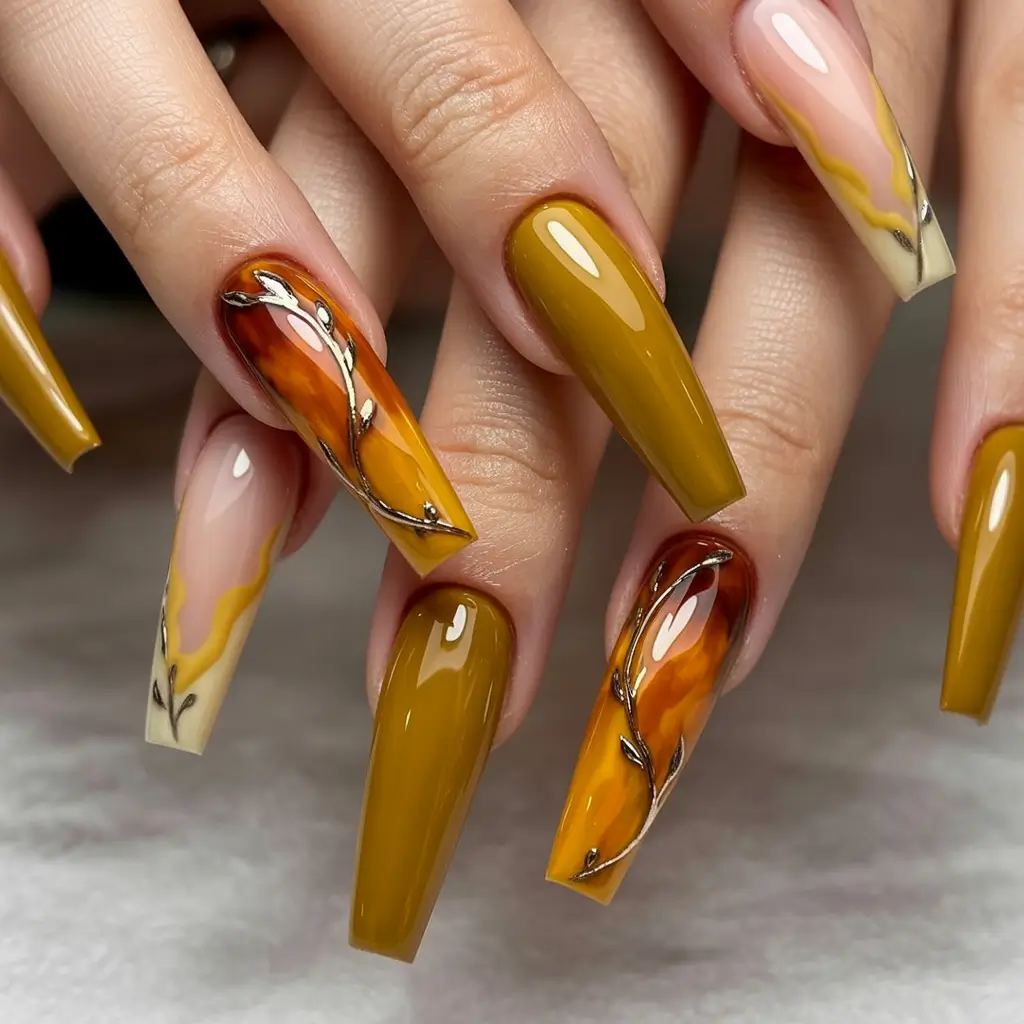 Stylish Fall 2025 Manicure Ideas Mustard & Amber Luxe