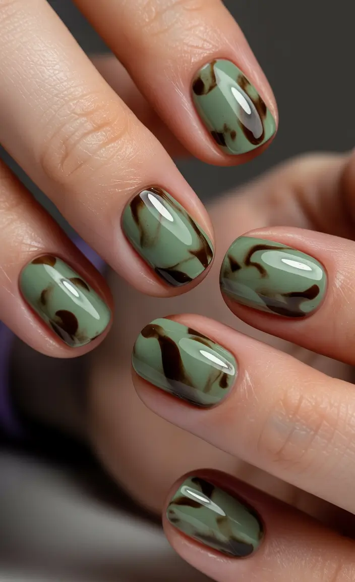 Trendy Fall Green Nail Designs 2025 Olive Green with Brown Marble