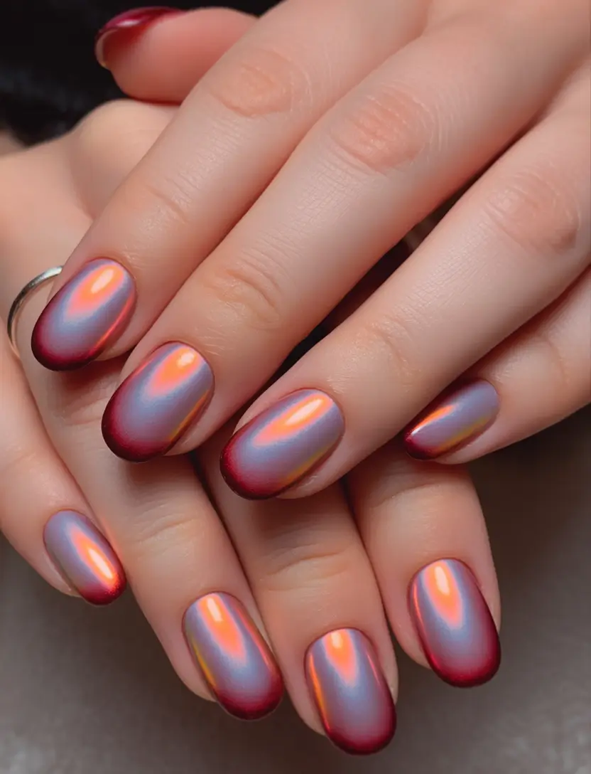 Stylish Fall Oval Shape Nail Designs 2025 Glowing Burgundy Gradient Elegance