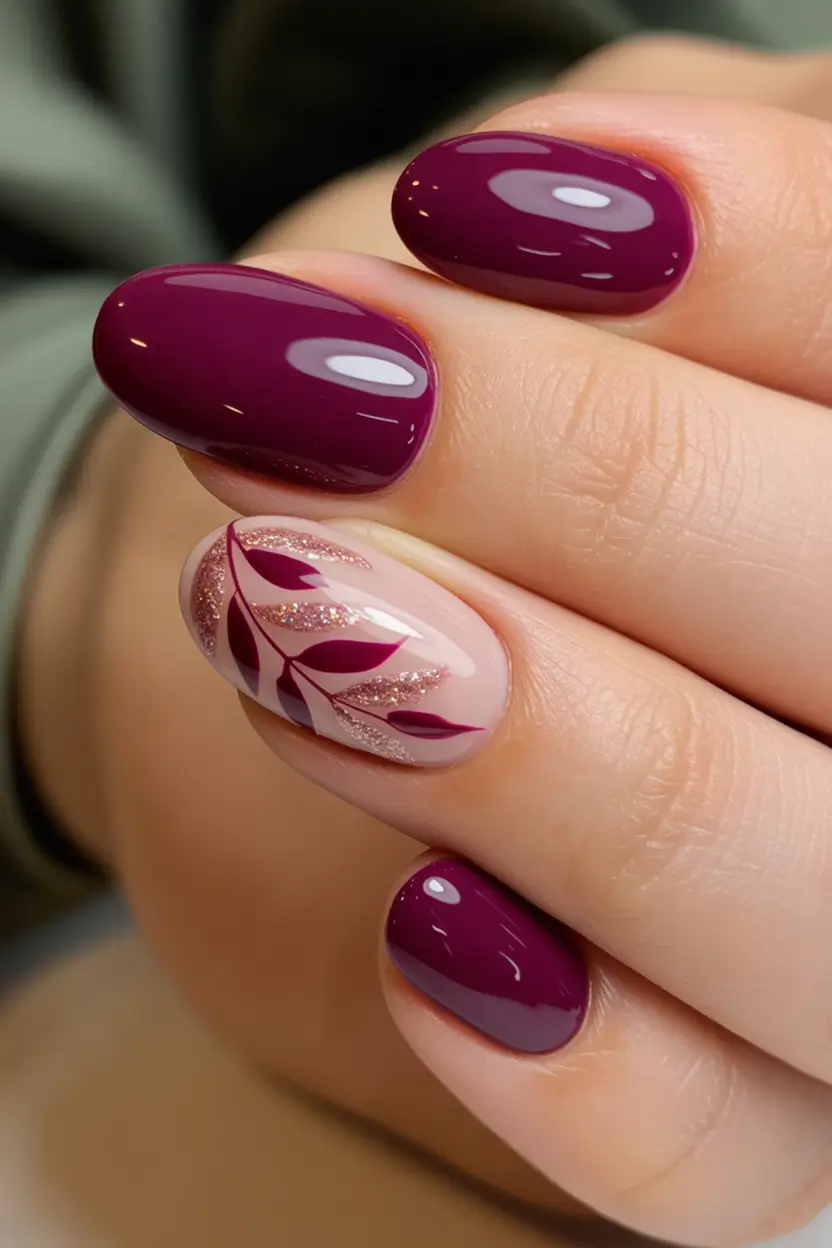Stylish Fall Oval Shape Nail Designs 2025 Plum with Sparkling Leaf Accent