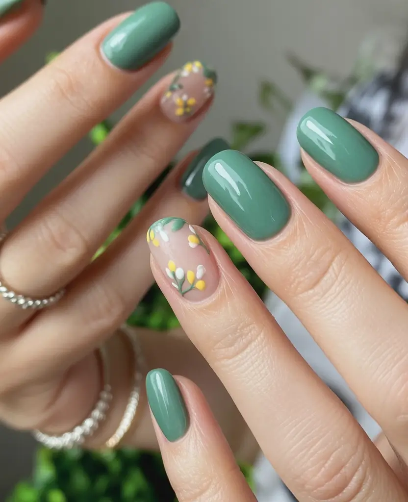 Stylish Fall Oval Shape Nail Designs 2025 Forest Green with Daisy Details