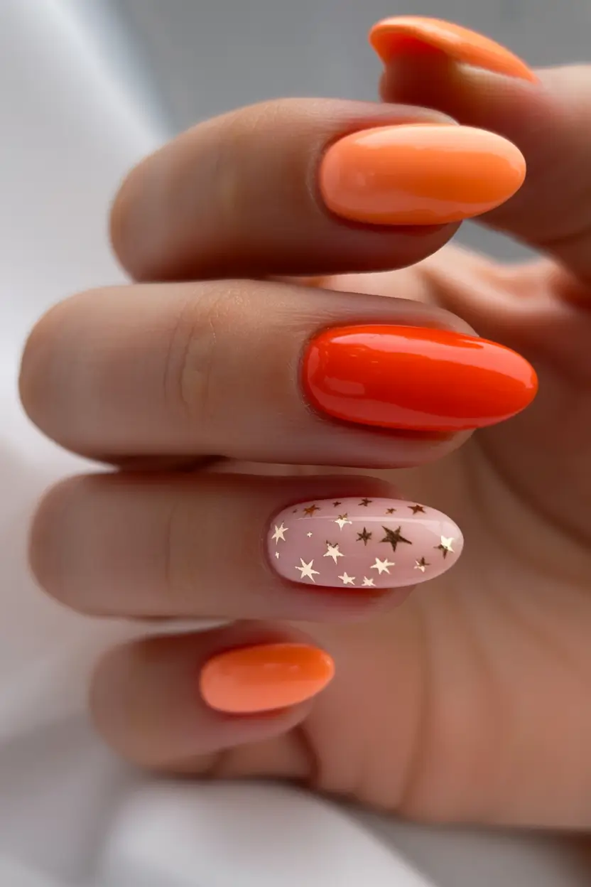 Stylish Fall Oval Shape Nail Designs 2025 Orange Ombre with Starry Charm