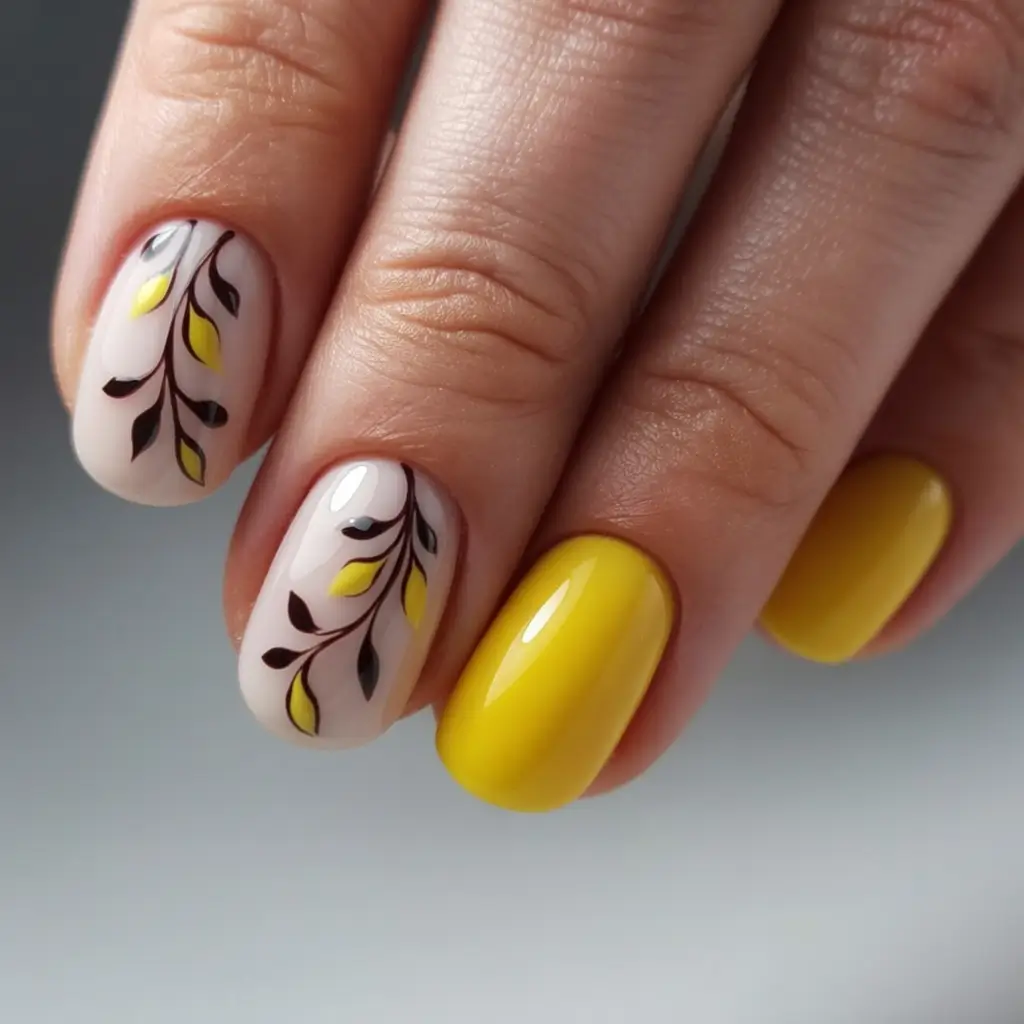 Stylish Fall Oval Shape Nail Designs 2025 Yellow Leaves on Nude Canvas