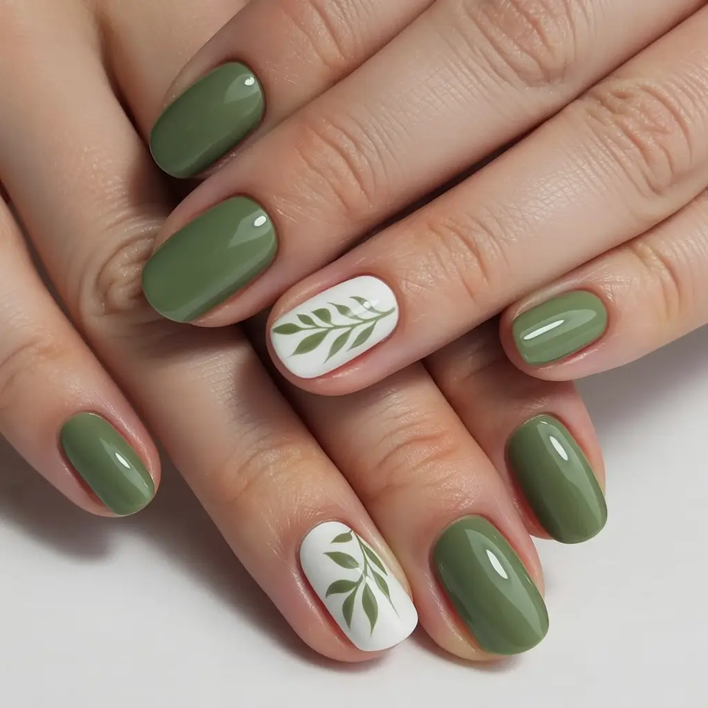 Stylish Fall Oval Shape Nail Designs 2025 Olive Branch Oval Nails