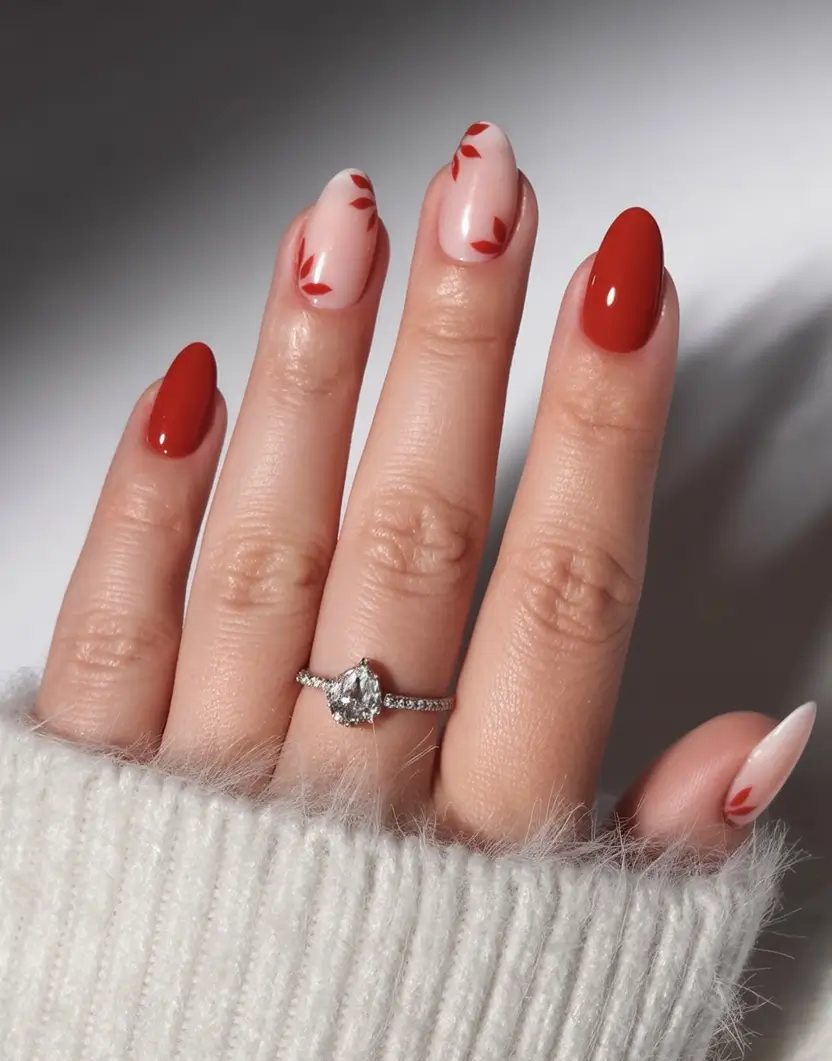Stylish Fall Oval Shape Nail Designs 2025 Red Leaf Kiss Oval Nails
