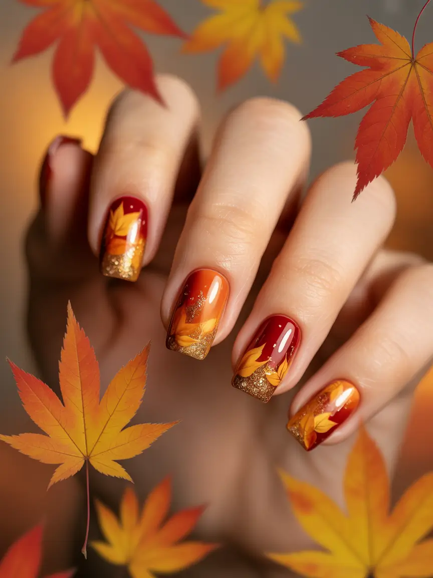 Stylish Fall Oval Shape Nail Designs 2025 Golden Maple Oval Nails