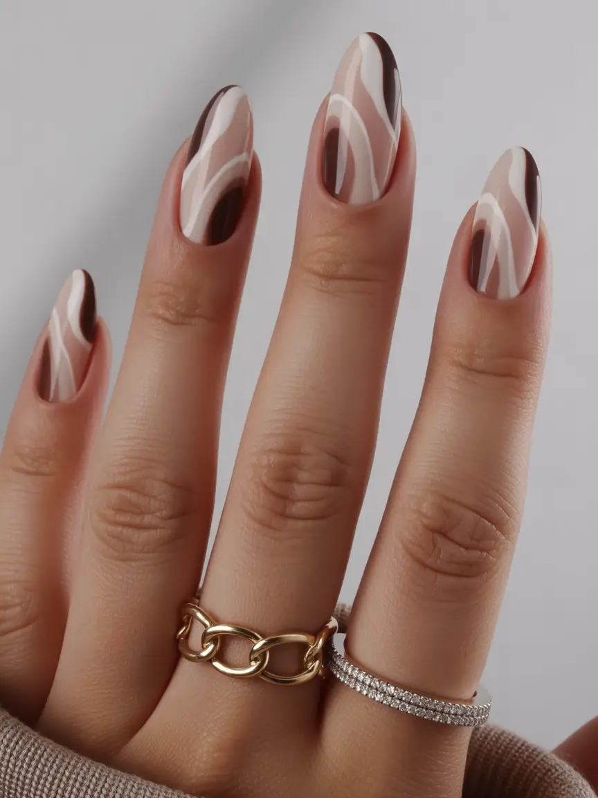 Stylish Fall Oval Shape Nail Designs 2025 Minimalist Chocolate Swirls