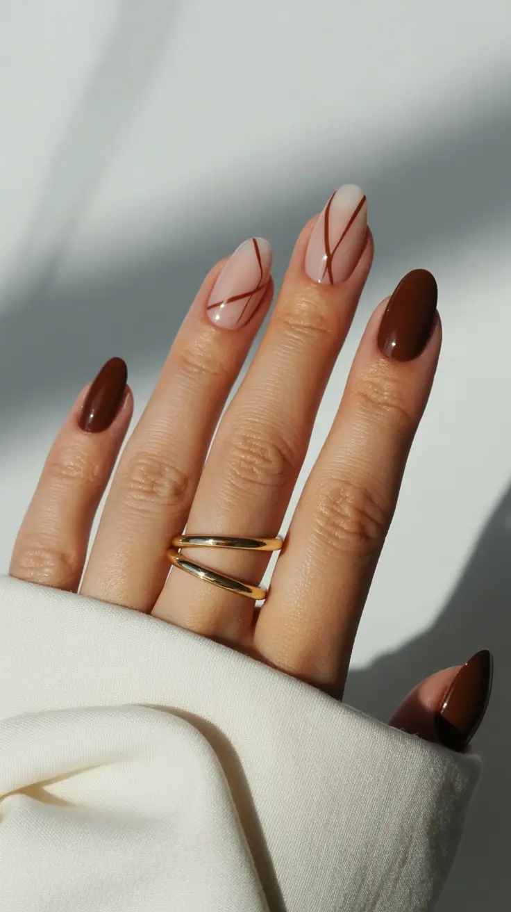 Stylish Fall Oval Shape Nail Designs 2025 Mocha Lines Oval Nails