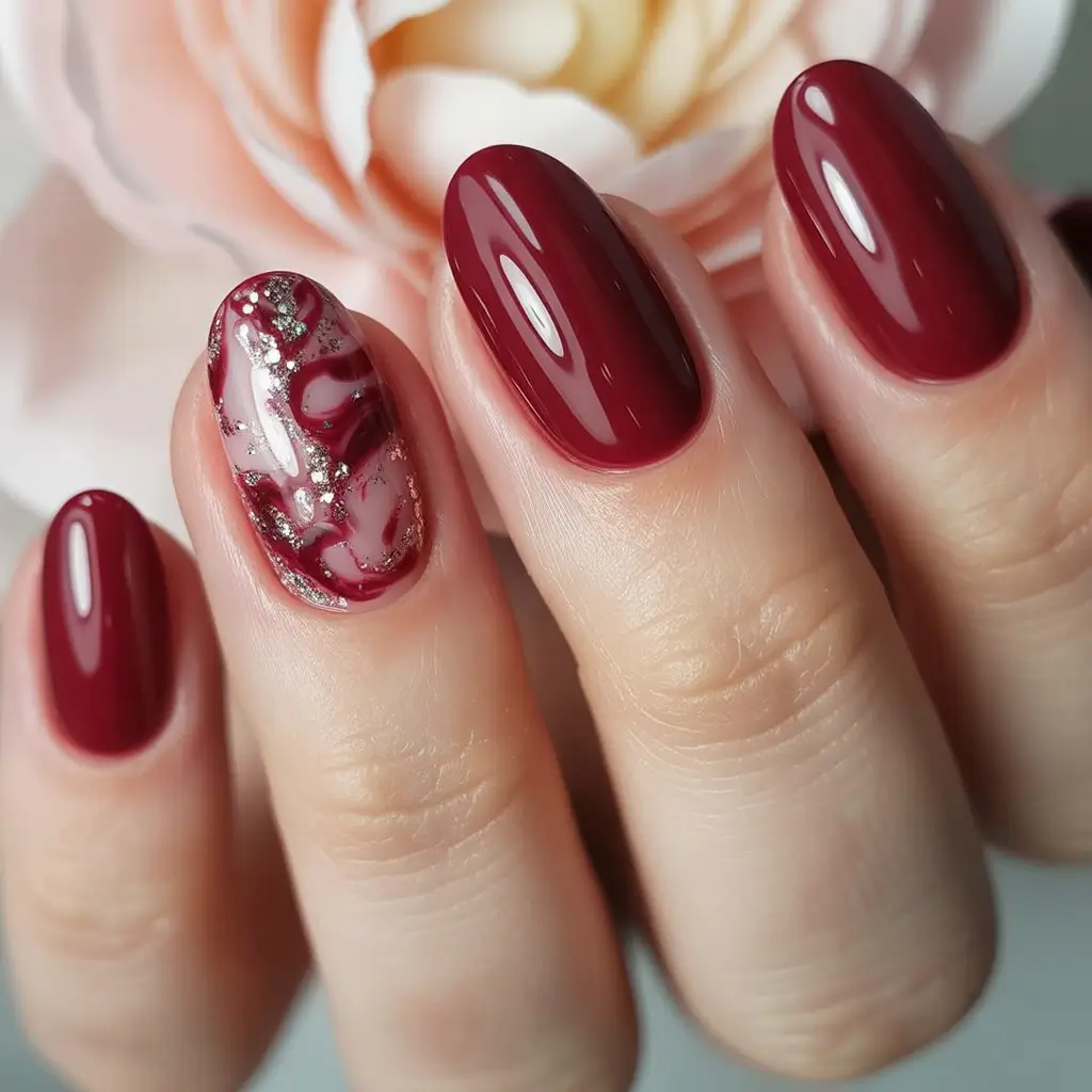 Stylish Fall Oval Shape Nail Designs 2025 Wine Marble Oval Nails