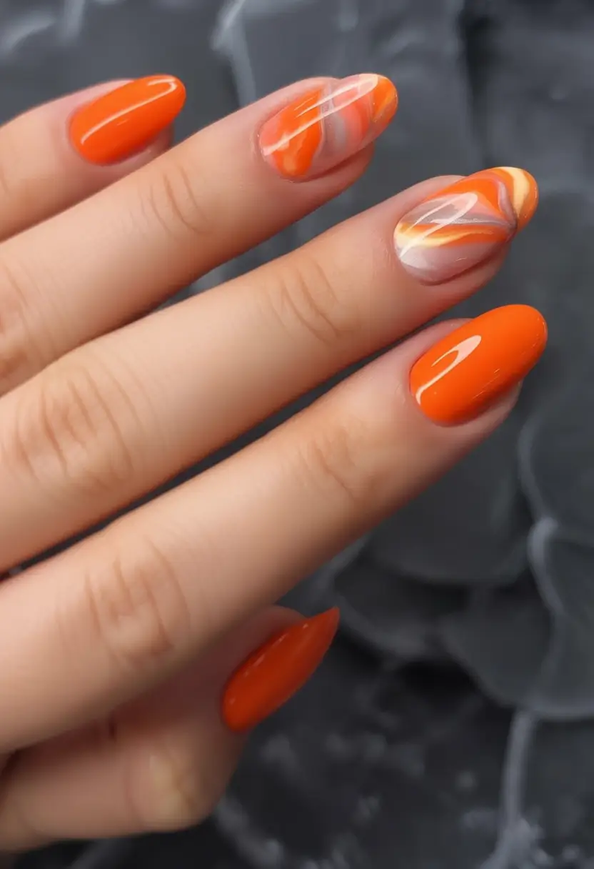 Stylish Fall Oval Shape Nail Designs 2025 Orange Wave Oval Nails